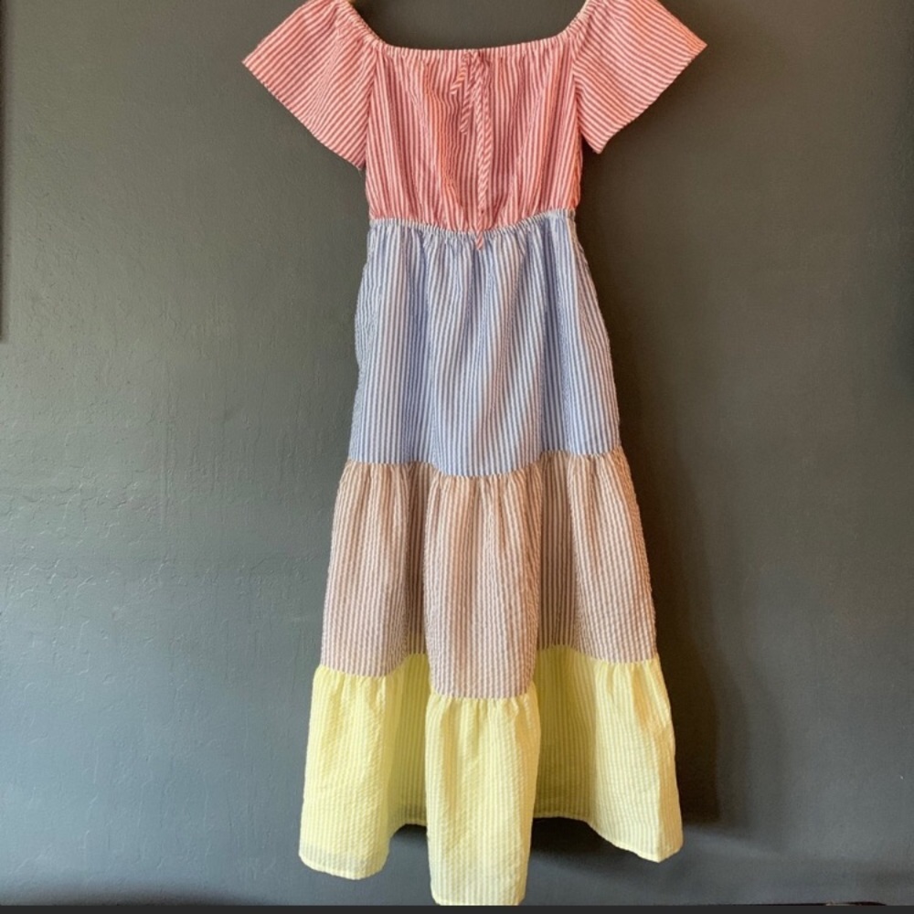 Maxi linen gingham dress rainbow off the shoulder